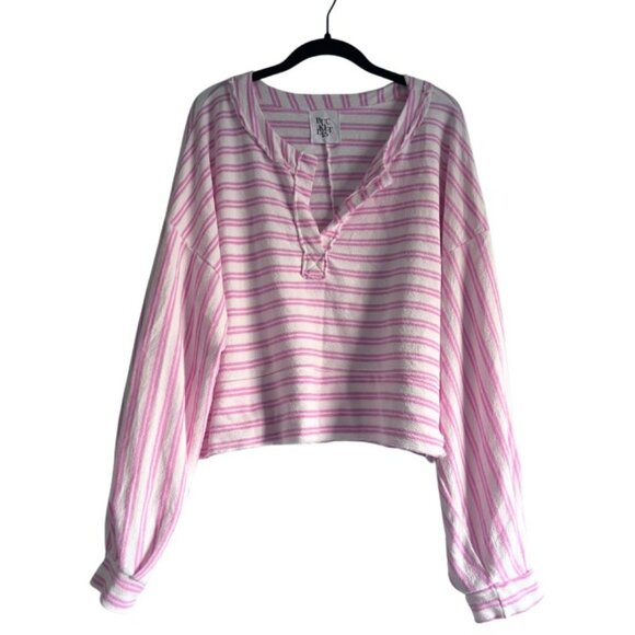 Pink and White Striped Terry Cloth Oversized Boxy Fit Balloon Sleeve Top Size L - Picture 2 of 5